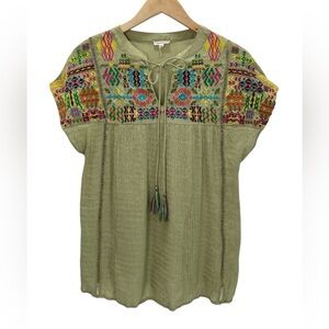 Jodifl Embroidered Boho Artisan Top Tassel Tie Neck Aztec Festival Peasant Small